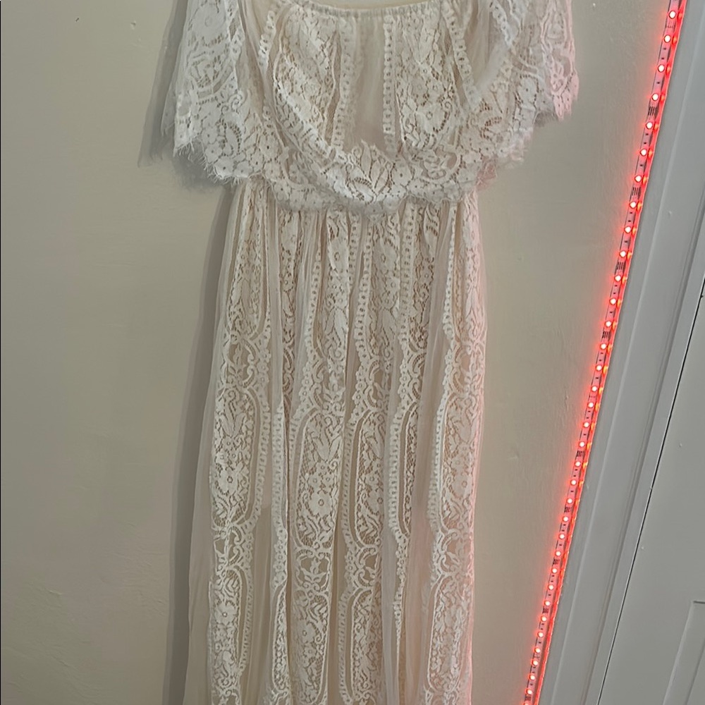 Baltic Born Cream Off-Shoulder Flutter Sleeve Gown